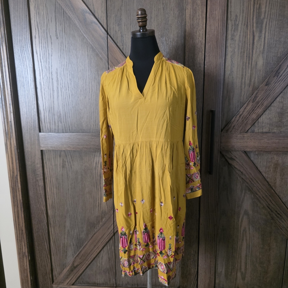LAST CHANCE Anthropologie Floreat Mustard Long Sleeve Dress with Pink Embroidery